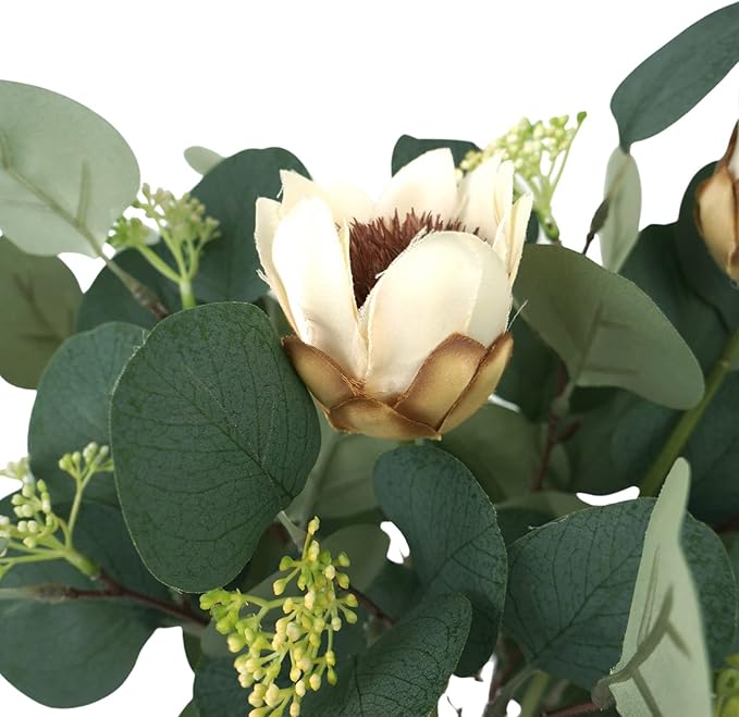 Artificial Eucalyptus Leaves in Glass Vase, 16.1" Eucalyptus Leaves Green Branches 7 Branches Faux Greenery Stems for Home Office Farmhouse Wedding Centerpiece Décor (White)