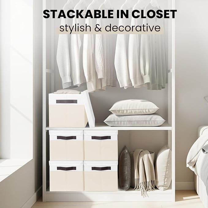 Large Closet Organizer Bins with Lids 4 Pack - Nursery Storage Baskets for Shelves Bedroom Dorm - Stackable Decorative RV Closet Organization Cubes with Handles for Clothes Purse Blanket Towel