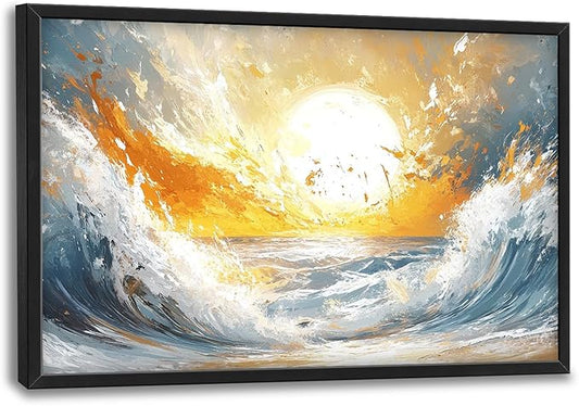 Trulave Ocean Sea Framed Wall Art for Living Room, Large Waves Canvas Wall Decor, Vintage Beach Sunset Pictures, Modern Artwork for Bathroom Bedroom 36L'' × 24W''