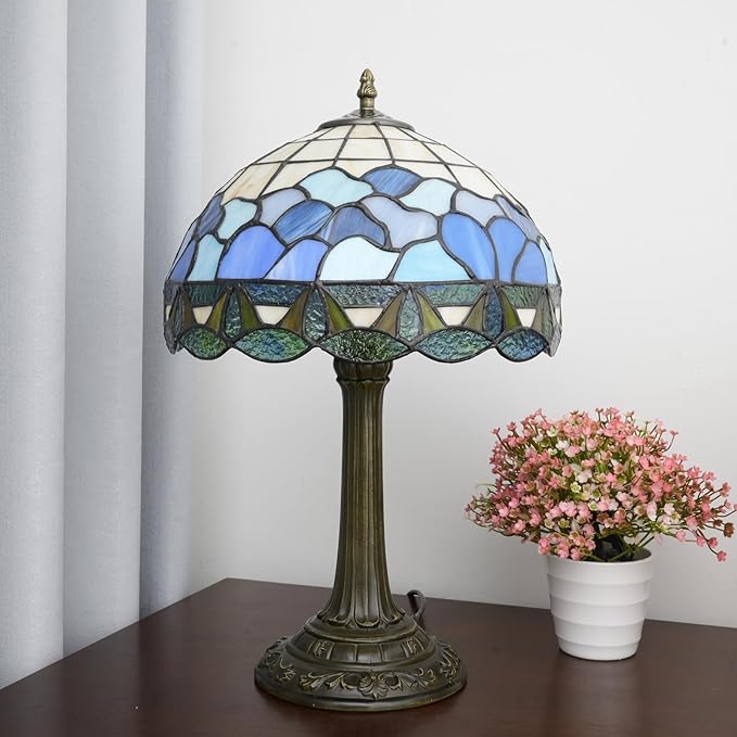 Tiffany Lamp 12 Inch Stained Glass Lamp Blue And White Sea Wave Tiffany Style Vintage Reading Bedside Lamp Can Be Used For Bedroom Dormitory Living Room Warm Atmosphere Retro Home Decoration Gifts