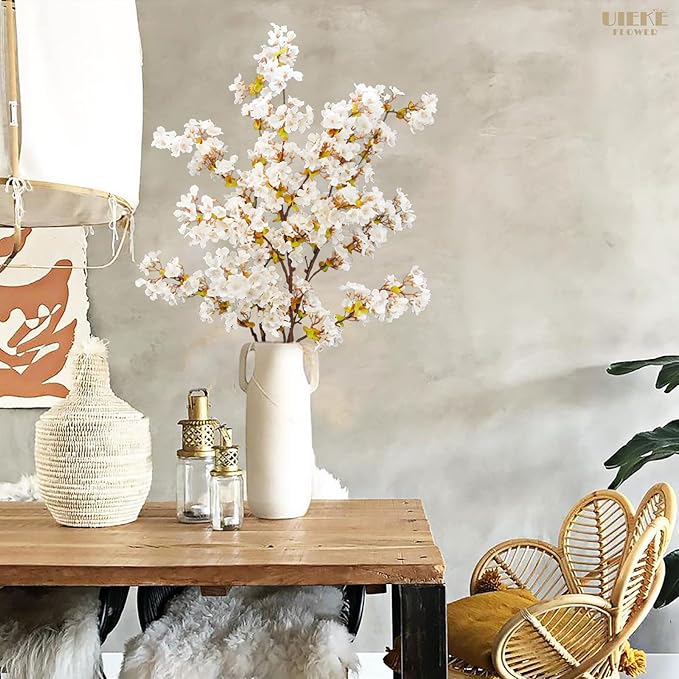 Uieke Silk Cherry Blossom Branches, 39.3in Artificial Cherry Blossom Tree Stems, Fake Plum Blossom Flowers Arrangement for Wedding Home Japanese Decor, Set of 3, White