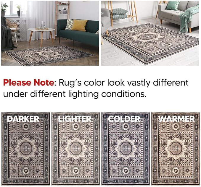 Keen Home Design 5x7 Rug - Machine Washable Area Rug with Non-Slip Backing, Ideal for Living Room, Dining Room, Bedroom - Vintage, Easy Clean, Durable, Low Pile Rug - (5' x 7')