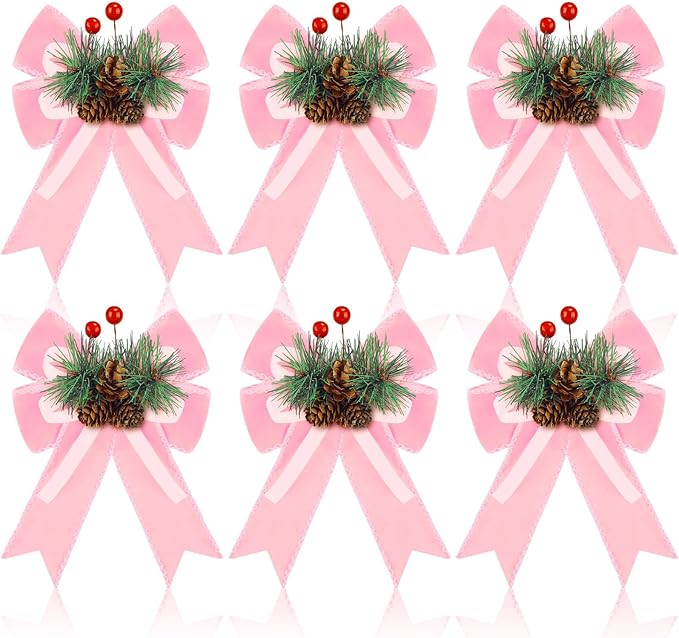 Syhood 6 Pcs Christmas Velvet Bow with Pine Cones Pine Needles Berries Xmas Pink Ribbon Bow Ornaments 6.3 x 5.1 Inch for Christmas Tree Wreath Garden Fireplace Crafts DIY Decor