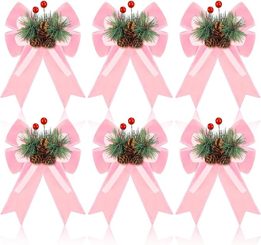 Syhood 6 Pcs Christmas Velvet Bow with Pine Cones Pine Needles Berries Xmas Pink Ribbon Bow Ornaments 6.3 x 5.1 Inch for Christmas Tree Wreath Garden Fireplace Crafts DIY Decor
