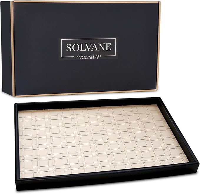 Solvane Wooden Serving Tray in Black – 15x11in Rectangular Ottoman & Coffee Table Tray, Decorative Wood Tray with PU Leather Base for Living Room, Kitchen, Bathroom & Vanity