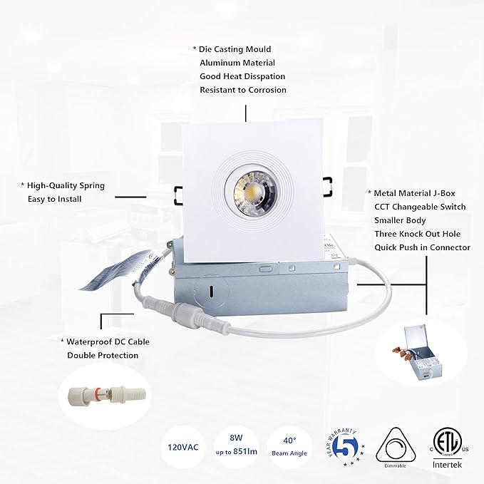 Canless Recessed Gimbal Downlight Rotatable-Spotlight 5 CCT 4 Inch Eyeball Ceilling Potlight, Dimmable Lights Fixture with Junction Box, 8W CCT Adjustable, White Square Trim, with Baffle, 6P