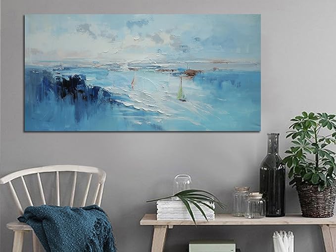Ardemy Blue Abstract Wall Art for Living Room Coastal Sailboat Textured Bedroom Wall Decor，Bathroom Pictures Wall Decor Modern Artwork Home Office Kitchen Dining 40"x20"