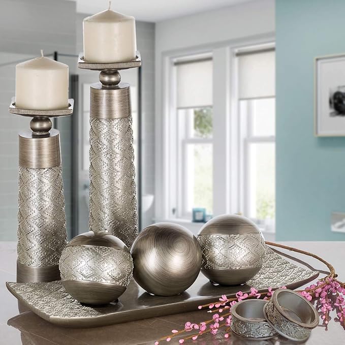 Creative Scents Dublin Silver Decorative Tray and Orbs Balls Set - Centerpiece Bowl with Balls for Dining room Table, Rustic Coffee Table Decor for Living Room Decor, Gift Boxed