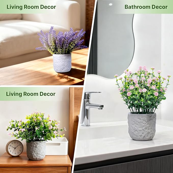 FGSAEOR Mini Potted Fake Plants, Small Artificial Greenery Realistic Plants Topiaries, Low Maintenance, for Home Office Shelf Desk Farmhouse Room Coffee Table Decor (3-Pack) (Purple Pink (Round Pot))
