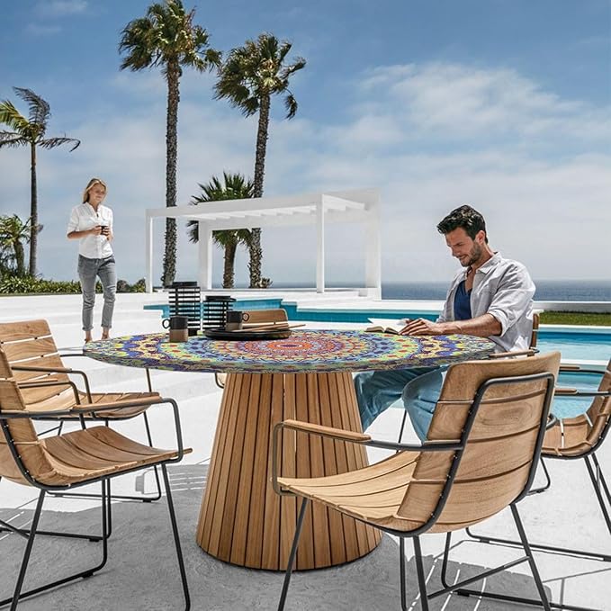 Fitted Mandala Round Tablecloth Waterproof Patio Table Cloths for 45-54" Tables Travel Vacation Camper Accessories Outdoor Road Trip Must Haves New Home Living Room House Decorations