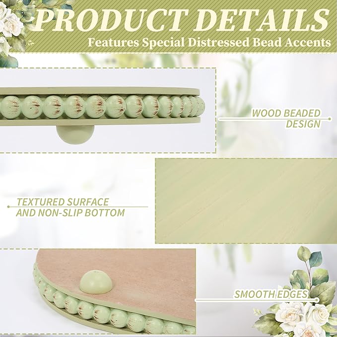 HPC Decor 15in Oval Tray for Home Decor - Green Wood Beaded Tray - Decorative Serving Tray,Rustic Farmhouse Wooden Trays for Vintage Centerpiece,Kitchen Counter,Living Room Decor,Coffee Table Decor.