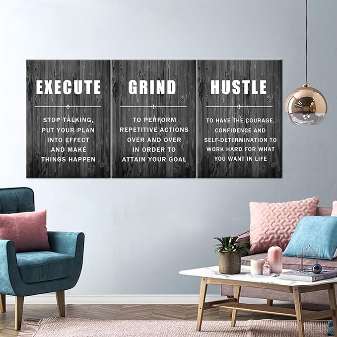 Execute Grind Hustle Inspirational Poster 3 Pieces Motivational Wall Art Canvas Prints Artwork for Living Room Modern Home Decor Painting Pictures Stretched and Framed Ready to Hang [60''Wx 28''H]