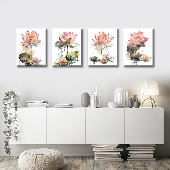 Framed Lotus Floral Wall Art Prints,Lotus Flower Canvas Wall Art,Watercolor Lotus Bloom Meditation Poster,Pink Lotus Zen Canvas Wall Art for Office Bathroom Room Decor Set of 4(8”X10”)