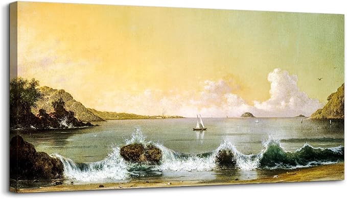 crmotu Large Landscape Wall Art, Beach Sunrise Dawn Vintage Painting, Bay Sailboat Scenery Art Prints, Coastal Wave Aesthetic Canvas Wall Decor Living Room Bedroom, Retro Nautical Pictures 20"X40"
