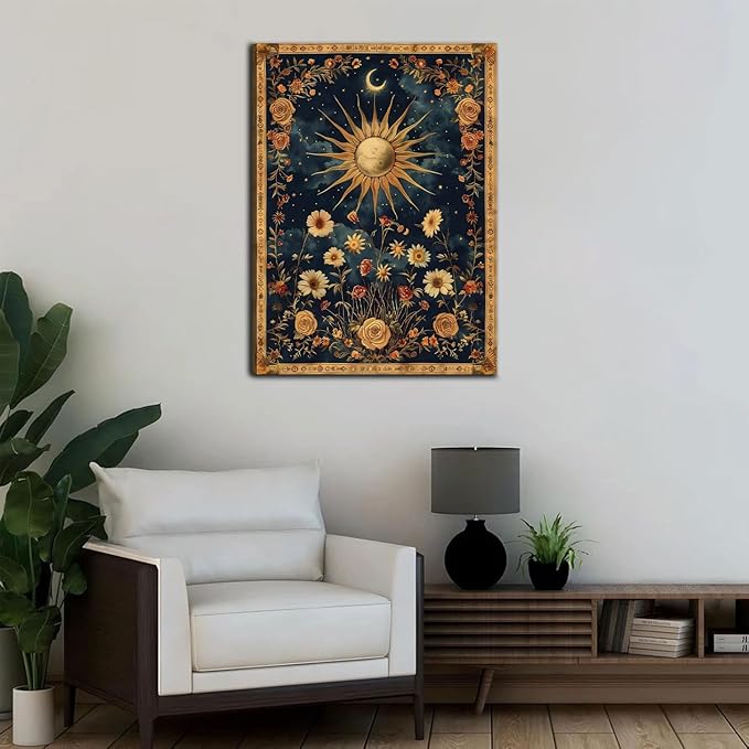 Sun and Moon Celestial Canvas Wall Art Tarot Crescent Moon Wall Decor Pictures Gothic Wildflowers Painting Posters Prints Aesthetic Dark Academia Vibe Artwork for Bedroom Home Decor Framed (24inx36in canvas)