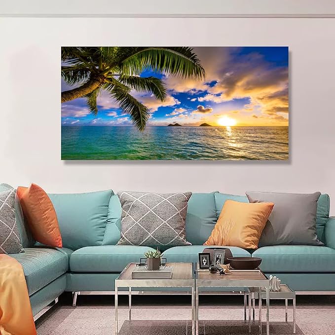 Seascape Sunset Pictures Canvas Wall Art For Living Room Bedroom Wall Decor,Palm Wall Art Print Paitnings For Home Decor,Morden Artwork Coconut Tree Canvas Art Waterproof Ready To Hang-28x57 Inches
