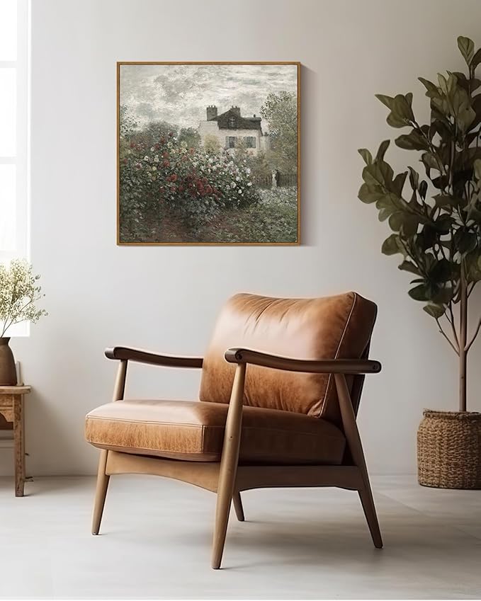 InSimSea Square Framed Canvas Wall Art, Large Decor Monet Flower Garden Paintings, Garden Scenery Wall Pictures for Bedroom Bathroom Living Room, Canvas Prints Vintage Farmhouse Decor 20"x20"
