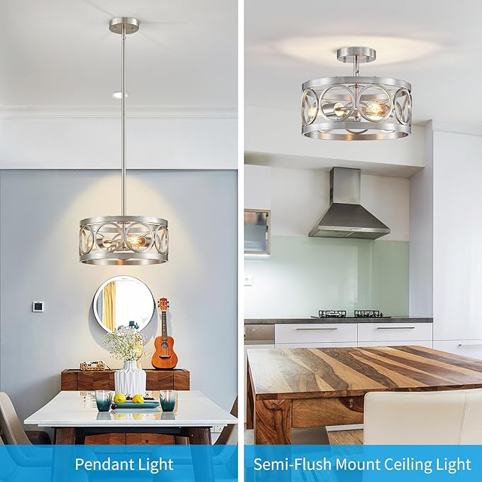 XINGQI Brushed Nickel 3-Light Rustic Ceiling Light Modern Adjustable Height Pendant Lighting Fixture Antique Drum Lamp for Living Room Bedroom Entryway Corridors 13”