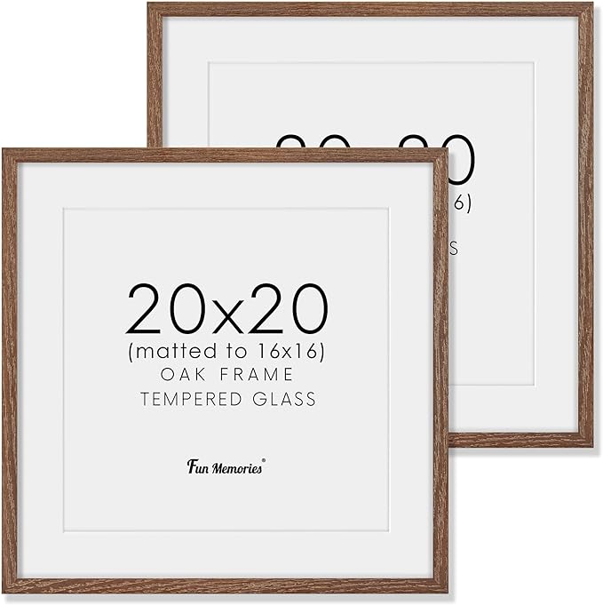 Fun Memories 20x20 Square Picture Frames, Rustic Solid Oak Wood Frame for Wall, Wooden Photo Frame with Tempered Real Glass, Matted to 16x16, Walnut Color, Set of 2