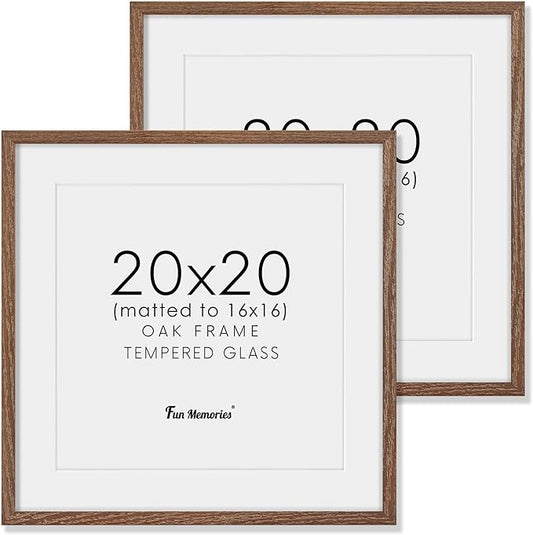 Fun Memories 20x20 Square Picture Frames, Rustic Solid Oak Wood Frame for Wall, Wooden Photo Frame with Tempered Real Glass, Matted to 16x16, Walnut Color, Set of 2