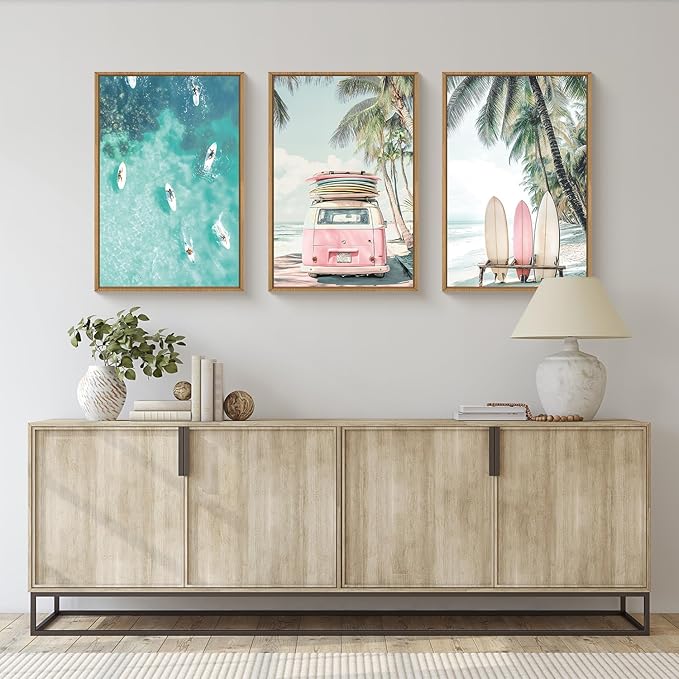 HOURIA Summer Surfboard Beach Framed Canvas Wall Art Set,Modern Ocean Surfing Seascape Wall Decor,Coastal Bus Coconut Tree Wall Painting,Nature Botanical Art Prints for Living Room, Bedroom-24 x36 x3