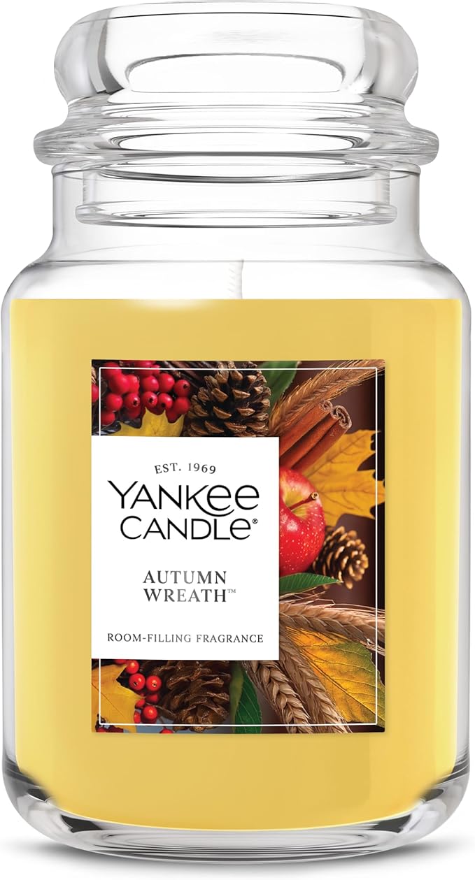 Yankee Candle Large Jar Scented Candle with up to 150 Hour Burn Time, Premium Plant Wax Blend for Consistent Burn, 22 oz Jar Candle with Room Filling Fragrance, Autumn Wreath