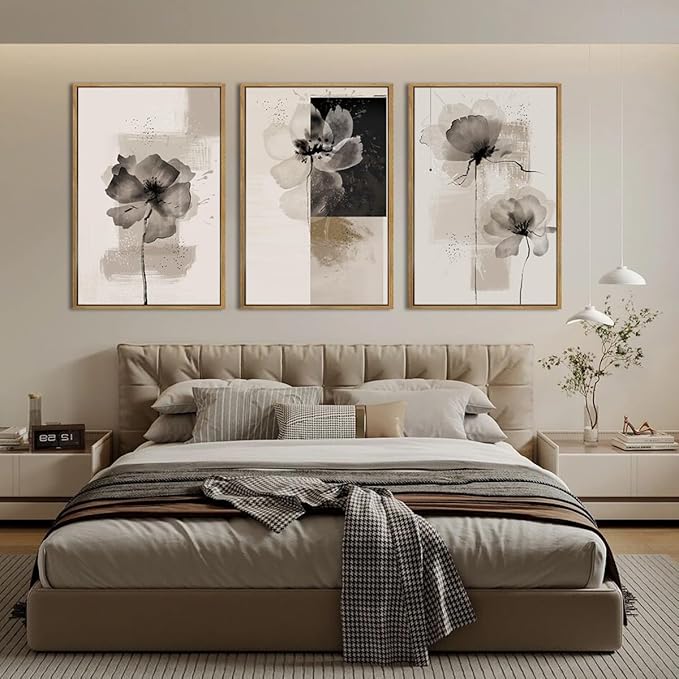 IARTTOP Extra Large Black Neutral Framed Wall Art 24x36 Inch Beige Tan Abstract Floral Canvas Wall Decor Set of 3 Minimalist Modern White Flower Art Prints for Living room Bedroom