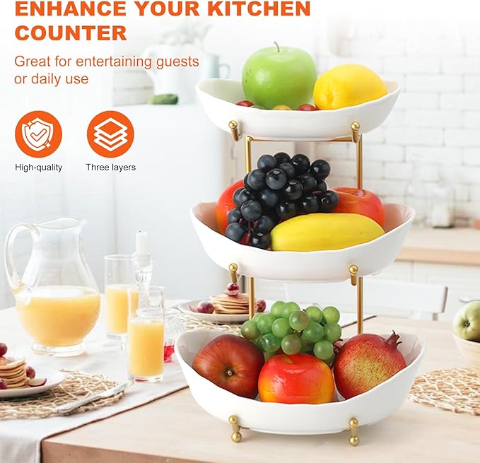 3 Tier Ceramic Fruit Bowl Basket for Kitchen Counter, Fruit Serving Bowls with Metal Stand, Tiered Fruit Basket for Fruit Vegetable Storage, Snack, Nuts, Cake, Dessert - Gold