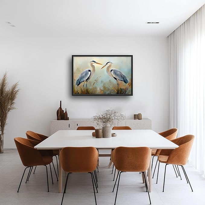 Blue Heron Framed Wall Art for Living Room, Large Birds Canvas Wall Decor, Animal Pictures Painting, Modern Artwork for Bathroom Bedroom 36L'' × 24W''