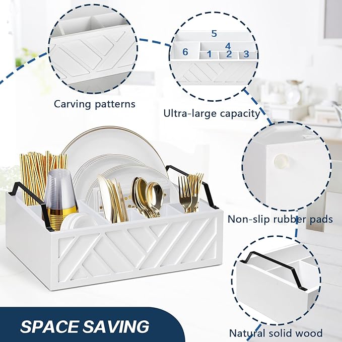 Paper Plate Dispenser and Holder for Kitchen Counter, Wood Rustic Silverware Utensil Caddy, Cutlery Flatware Organizer Box for Cups Spoons Forks Napkins, Kitchen Accessories (White)