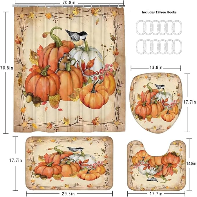 FZDHHY 4Pcs Pumpkin Shower Curtain Set Fall Bathroom Set Thanksgiving Bathroom Decor Set Autumn Shower Curtain Set with Rugs with 12 Hooks 72x72 inch