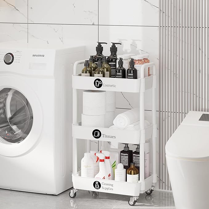 Laiensia 3-Tier Rolling Cart with Wheels,Multifunction Utility Storage carts, Kitchen Storage Organizer,Mobile Shelving Unit for Bathroom,Laundry,with Classified Stickers,White