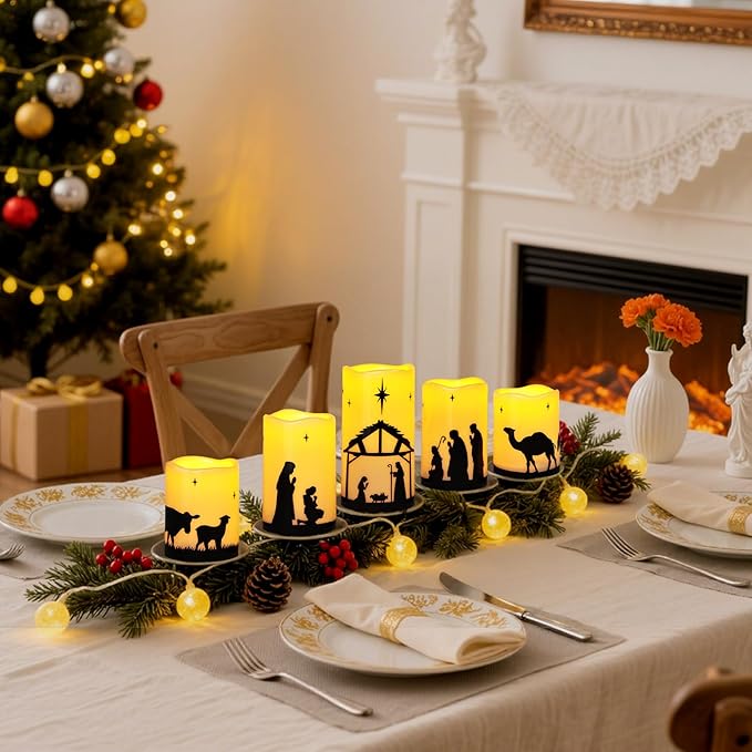Christmas Decorations Indoor Outdoor, Nativity Scene Candle Set with Remote Time, Religious Holiday Home Table Mantel Room Decor Centerpieces, Xmas Gift, Battery Operated Flameless Candles, Waterproof