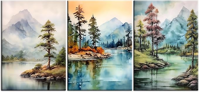 Lake 3 Pieces Poster Wall Art Landscape Watercolor Mountain Forest Print on Canvas Abstract Theme Picture Painting Wall Decor Artwork for Living Room Hotel Workplace Ready to Hang [60''Wx28''H]