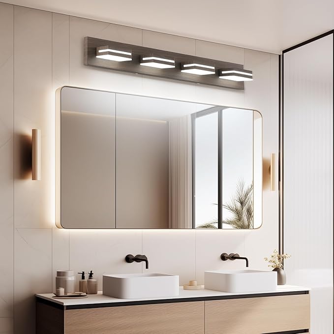 SineRise LED Modern Bathroom Vanity Light Fixtures (4-Light, 30-Inch), Brown Wood Painted Modern Acrylic Bathroom Wall Lighting Fixtures Over Mirror (Cool White 6000K)
