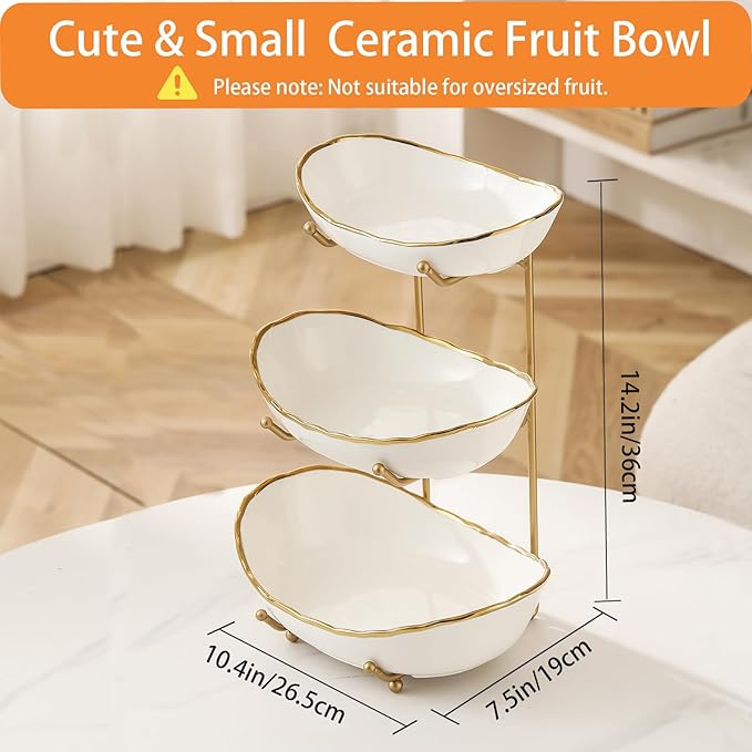 Ceramic Fruit Bowl for Kitchen Counter - 3 Tier Fruit Basket with Metal Stand, Tiered Fruit Stand for Countertop, Snack, Nuts, Cake, Dessert, Small & Cute (Gold-rimmed)
