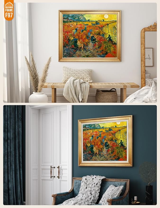 DECORARTS - The Red Vineyards, Vincent Van Gogh Art Reproduction. Acid Free Cotton Canvas Giclee Print w/Bronze Frame&Mat for Wall Decor.
