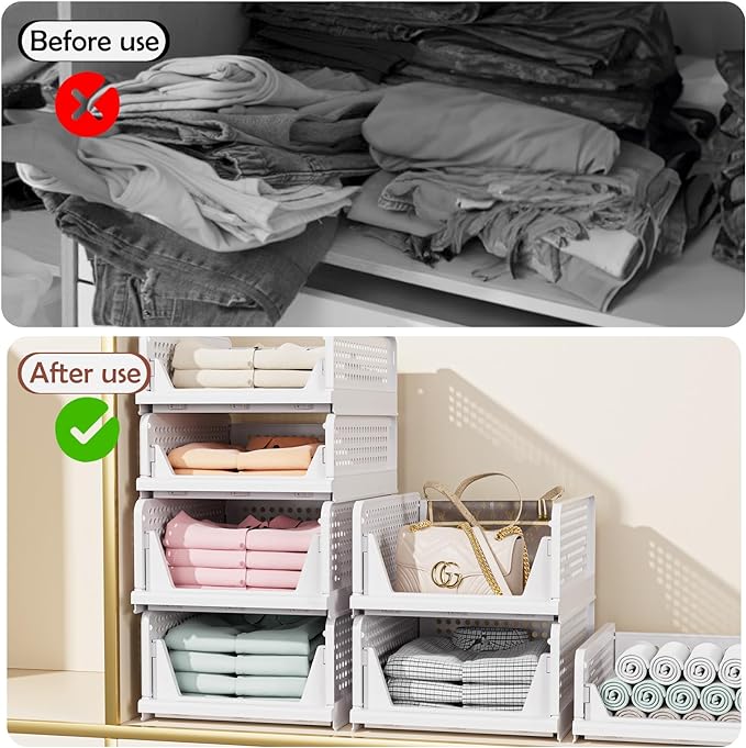 5 Pack Folding Closet Organizers Storage Box, Stackable Storage Bins, Plastic Drawer Basket Closet Storage for Wardrobe Cupboard Kitchen Bathroom Office White-5L