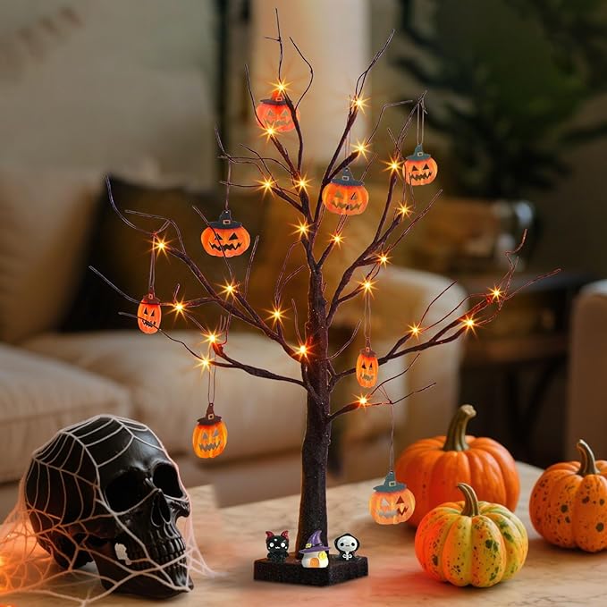 PEIDUO Set of 2 Halloween Trees, 2FT 24LED Lighted Black Glitter Tree with Timer & Pumpkin Ornaments, Battery Operated Halloween Decorations Indoor for Home Table Room Decor