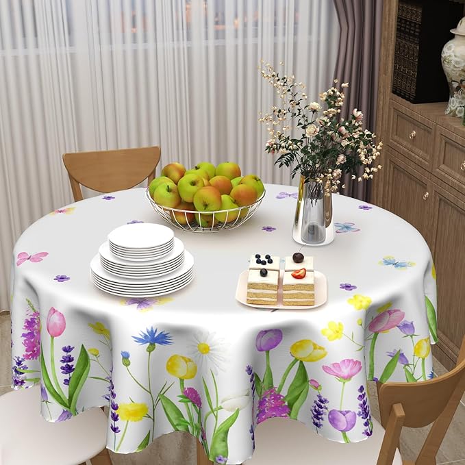 Kawani Spring Floral Tablecloth Round 60 Inch Watercolor Butterfly Flower Table Cloth Round Cover Washable Spring Farmhouse Table Covers for Rooms Kitchen Dinner Holiday Picnic Party Outdoor Decor