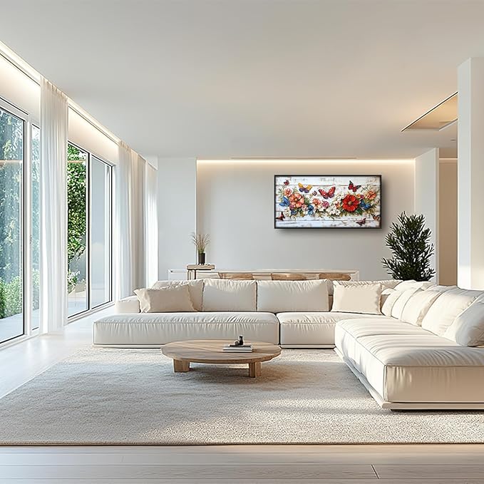 Olivine Flower Large Wall Art, Butterfly Pictures Wall Decor, Boho Painting, Rustic Wood Grain Canvas Prints, Framed Artwork for Dining Room Living Room Bedroom Bathroom Office Home Decor 36"x24"