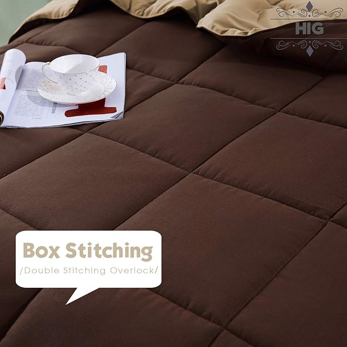HIG 3pc Down Alternative Comforter Set - All Season Reversible Comforter with Two Shams - Quilted Duvet Insert with Corner Tabs - Box Stitched - Super Soft, Fluffy (Full/Queen, Chocolate)
