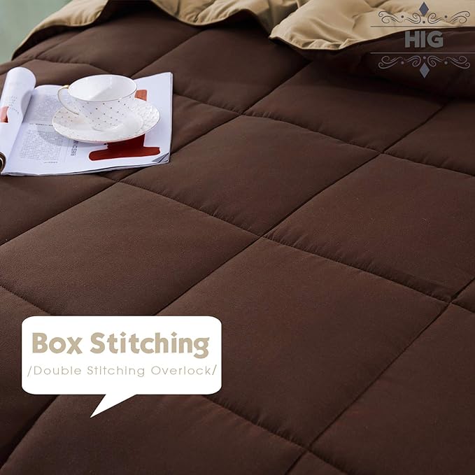 HIG 3pc Down Alternative Comforter Set - All Season Reversible Comforter with Sham - Quilted Duvet Insert with Corner Tabs - Box Stitched - Super Soft, Fluffy (Twin/Twin XL, Chocolate)