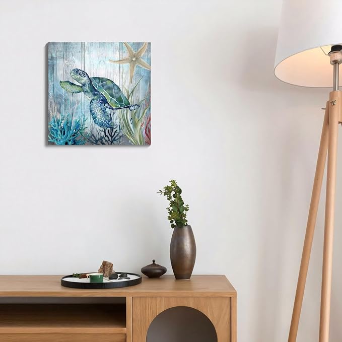 14x14 Inch Sea Turtle Bathroom Wall Decor Modern Canvas Ocean Theme Art Blue & Green Coastal Wall Pictures for Bedroom/Home/Office/Kitchen Waterproof Ultraviolet Resistant Framed Canvas