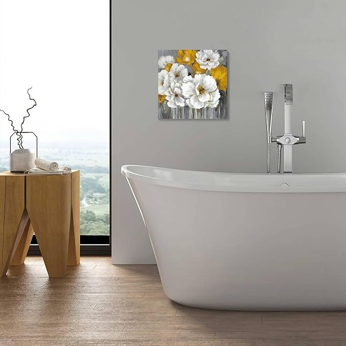 Floral Rustic Farmhouse Canvas Wall Art 14x14in Framed Oil Painting Yellow Flower Decor for Bathroom Kitchen Bedroom & Living Room