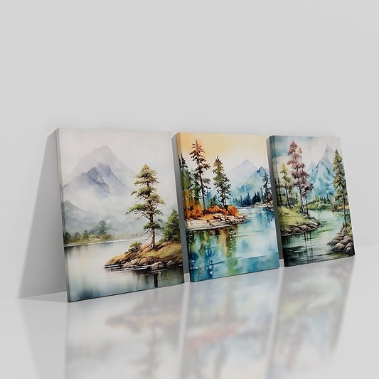 Landscape Canvas Wall Art Watercolor Green Forest Lakes Poster Print Mountain Range Picture Painting Artwork for Modern Home Bedroom Bathroom Wall Decoration Stretched and Framed [36''W x 16''H]