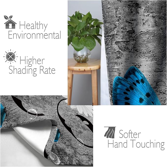 Jekeno Floral Blackout Curtains White Wild Chrysanthemum Flower Butterfly Home Bedroom Living Room Decor Plant Theme Darkening Grommet Window Drapes 2 Panel Set, 52"x84"