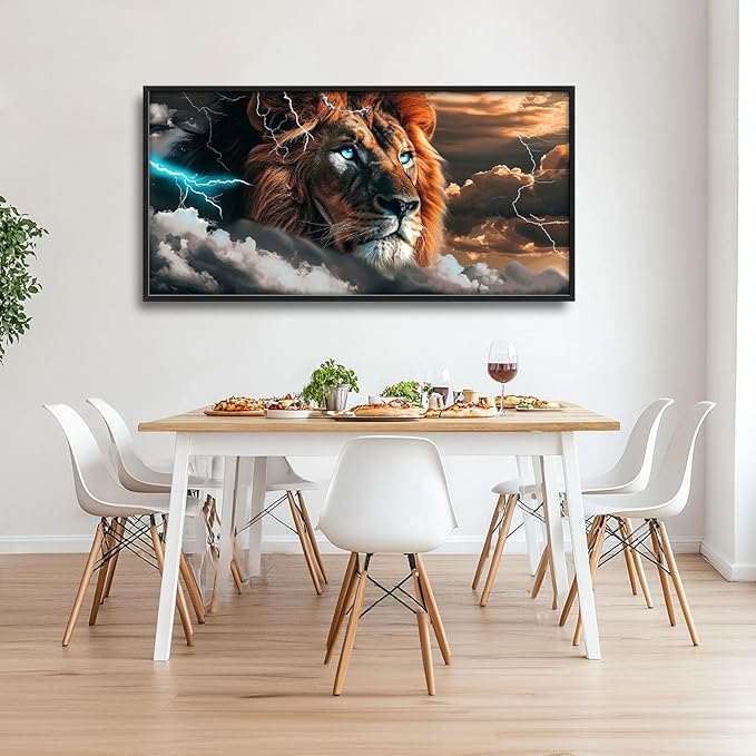 Abstract Lion Large Framed Wall Art Cool Lion Lightning Pictures Oversized Rustic Wild Animal Wall Decor Canvas Print Painting Aesthetic Modern Artwork for Living Room Bedroom Office Bathroom Home Decor 60L"x30W"