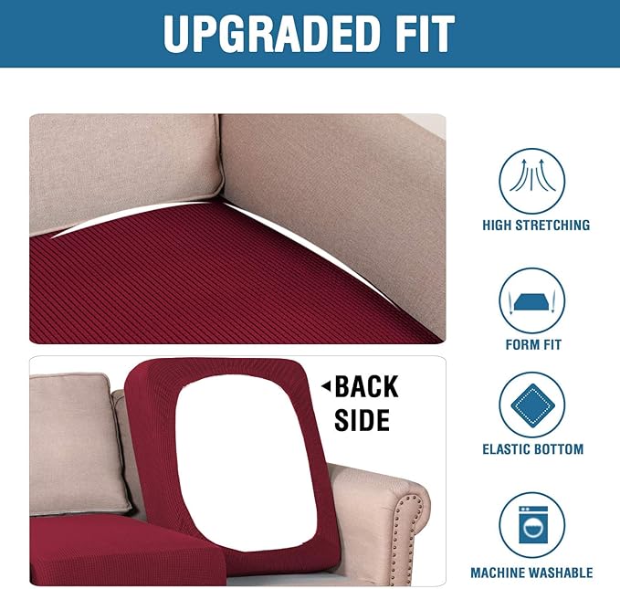 H.VERSAILTEX Super Stretch Individual Seat Cushion Covers Sofa Covers Couch Cushion Covers Slipcover Sets Thick Jacquard Textured Twill Fabric (2 Piece Large Sofa Cushion Covers, Burgundy Red)