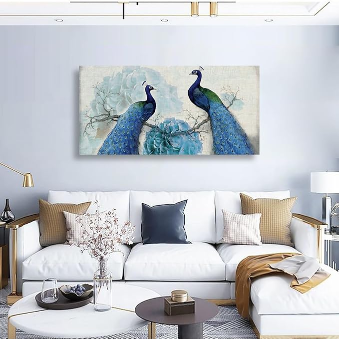 Peacock Canvas Wall Art for Living room Office Bedroom Animal Wall Art Print Oil Paintings Modern Beautiful Flowers Pictures Blue Wall Decor Artwork Waterproof Ready to Hang - 20in * 40inch